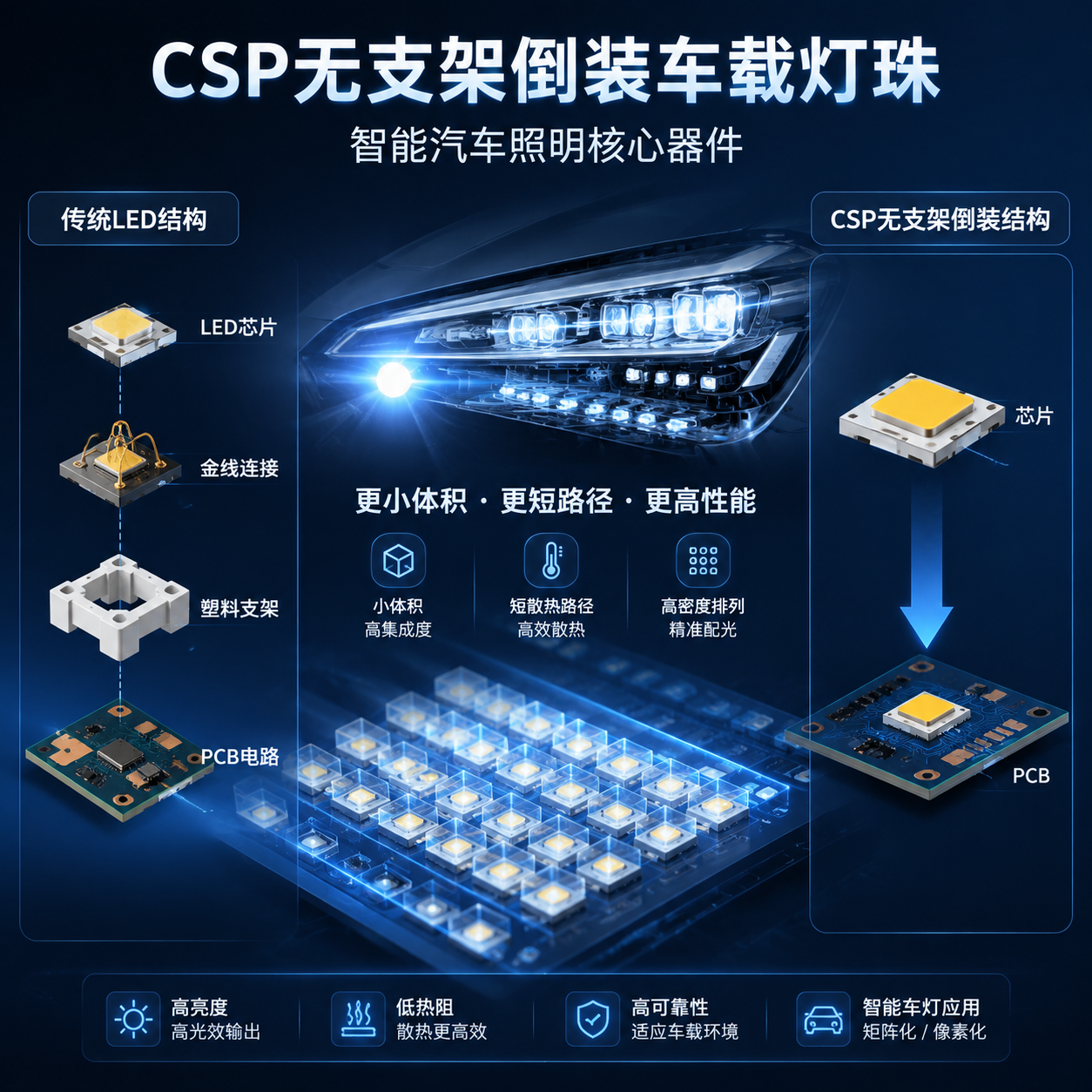 CSP 无支架倒装车载灯珠结构对比图:左侧传统LED结构拆解(LED芯片+金线+塑料支架+PCB),右侧CSP简化结构(芯片→PCB),中间汽车前大灯、矩阵式LED灯组剖面展示,小体积短散热路径高密度排列优势