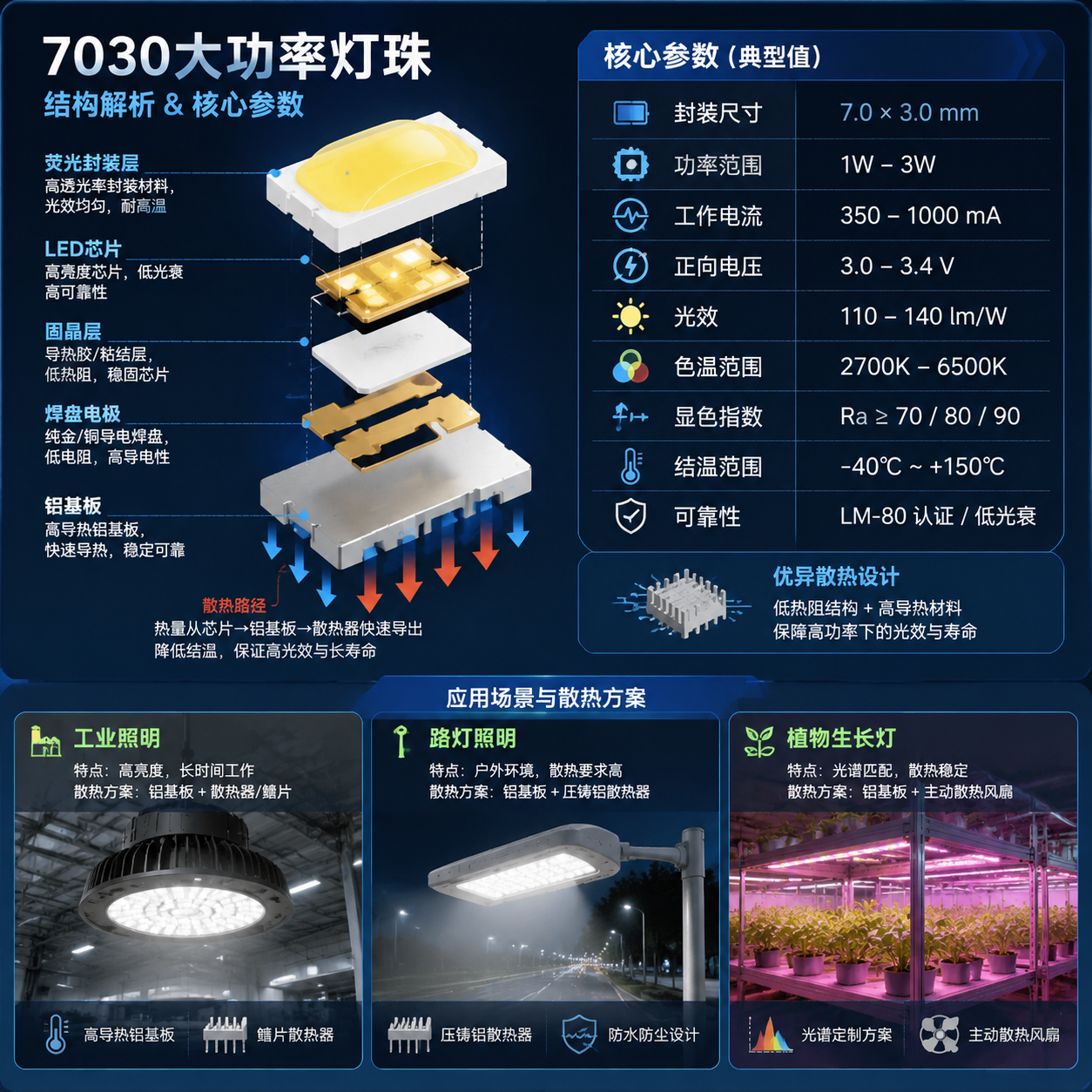 横版技术解析信息图风格，展示7030大功率灯珠核心参数与散热原理的可视化结构。画面左侧为灯珠剖面拆解示意，包括LED芯片、封装层、焊盘、铝基板和散热路径箭头；右侧设计参数面板，清晰呈现封装尺寸7.0×3.0mm、功率1W-3W、工作电流350-1000mA、正向电压3.0-3.4V、光效110-140lm/W、色温2700K-6500K等数据元素。下方结合工业照明、路灯、植物生长灯三个应用缩略场景，突出不同环境下需要匹配散热方案和光谱需求。整体风格为专业LED工程说明图，横版布局，高清矢量科技插画。English note: LED technical infographic, package structure, thermal management diagram, specification data visualization.