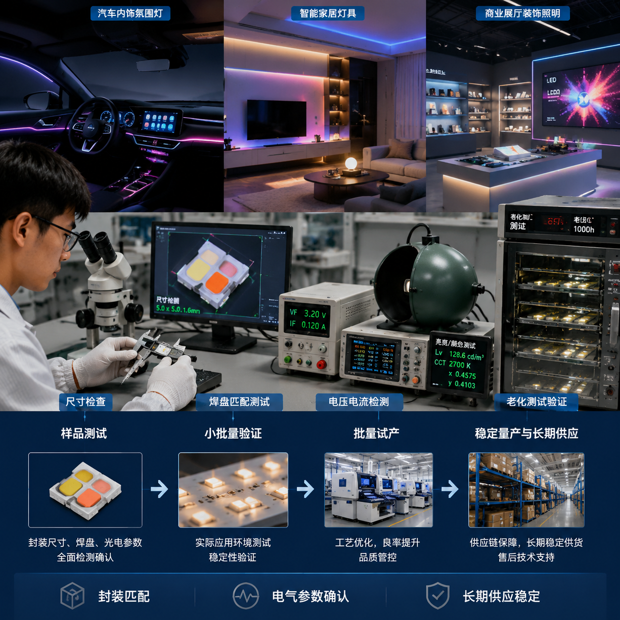 横版应用总结场景图,展示5050双色灯珠替换验证和批量应用落地过程。画面前景为LED生产测试区域,工程人员正在进行样品验证,包括灯珠尺寸检查、焊盘匹配测试、电压电流检测、亮度颜色测试以及老化测试设备;背景展示已经安装双色灯珠的汽车内饰氛围灯、智能家居灯具和商业展厅装饰照明效果。画面中突出从样品测试、小批量验证到稳定量产的流程逻辑,体现封装匹配、电气参数确认和长期供应稳定的重要性。整体采用真实工业场景摄影风格,光线明亮专业,突出替代方案的实际落地价值,横版排版。English: LED production testing process, sample validation, smart lighting applications, industrial photography, horizontal layout.