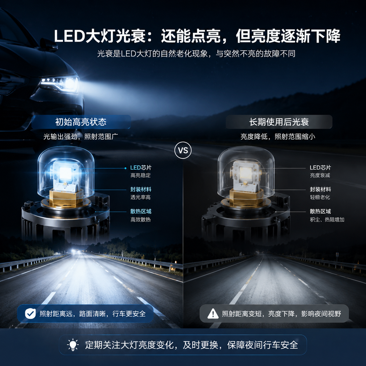 横版构图，作为文章开篇主题图，展示汽车LED大灯长期使用后光衰变化的对比场景。画面左侧是一颗高亮状态的LED车灯灯珠，发出稳定白色光束，右侧是一颗经过长期工作后的LED灯珠，亮度降低、照射范围缩小，加入半透明科技剖面效果，显示LED芯片、封装材料和散热区域。背景为夜间道路与汽车前灯实景融合，突出“还能点亮但亮度逐渐下降”的光衰概念，体现光衰与突然故障的区别，整体采用专业汽车照明科技摄影风格，横向留白适合公众号排版。 English note: LED automotive headlight lumen depreciation concept, technology comparison illustration.