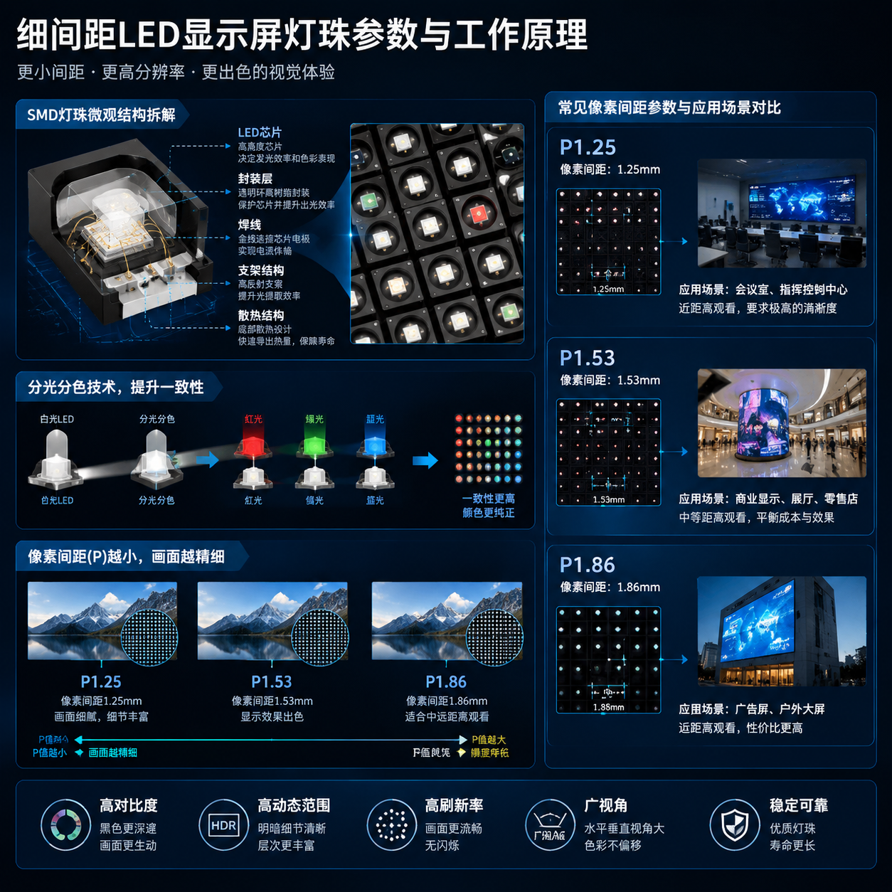 横版技术解析信息图，围绕细间距LED显示屏灯珠参数与工作原理展开。画面中心展示SMD灯珠微观结构拆解示意，包括LED芯片、封装层、焊线和散热结构，并配合放大的RGB灯珠阵列。右侧设计参数对比区域，清晰呈现P1.25、P1.53、P1.86三种像素间距对应的应用场景：P1.25用于会议室和控制中心，P1.53用于商业显示，P1.86用于广告展示屏。通过像素距离缩放示意表现P值越小画面越精细的特点，同时加入分光分色后一致性提升的视觉说明。整体风格为专业LED技术白皮书插图，结构清晰，适合技术文章中段解释复杂参数。