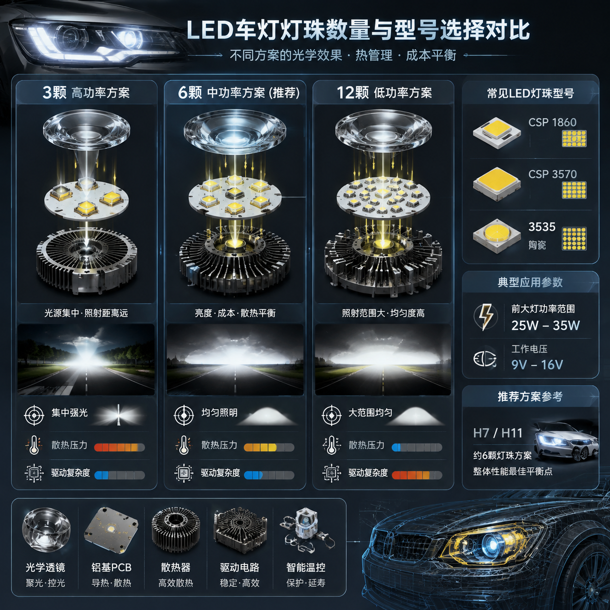 横版技术示意图,展示汽车LED车灯灯珠数量与型号选择的对比原理。画面中央为一组车灯光源结构拆解图,分别展示3颗高功率灯珠、6颗中功率灯珠、12颗低功率灯珠三种方案,并通过光束分布示意体现差异:3颗方案光源集中、6颗方案亮度成本散热平衡、12颗方案需要更复杂驱动和热管理。旁边加入参数信息卡片,标注常见型号“CSP 1860”“CSP 3570”“3535陶瓷”、前大灯25W-35W功率范围,以及H7/H11约6颗灯珠方案。整体采用汽车照明实验室风格,包含透镜、PCB、散热片等细节,突出光学设计和散热匹配关系,避免文字过多,以图形化方式表达技术对比。横版构图,适合文章中段核心技术解释。