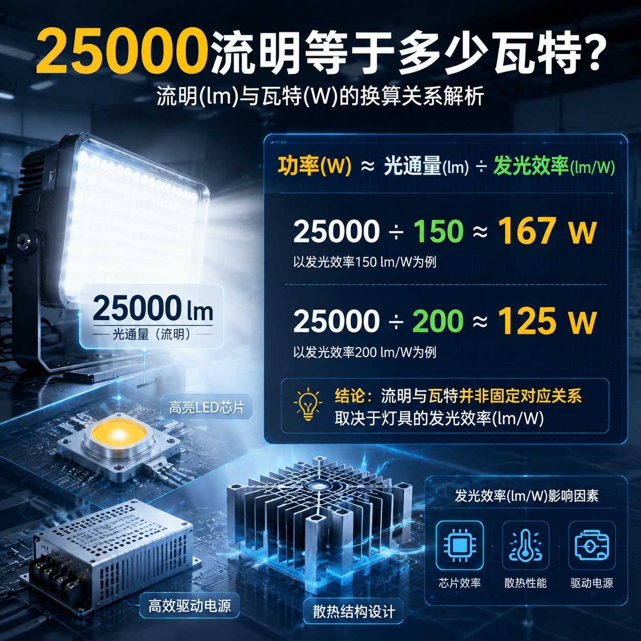 25000流明与瓦特换算公式及LED照明光效示例