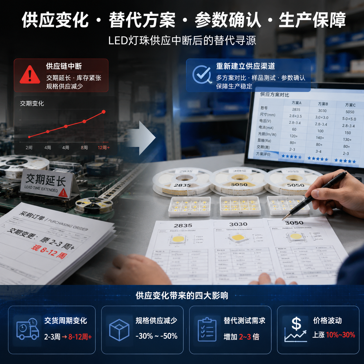 横版构图，表现LED灯珠供应中断后的替代寻源场景。画面左侧为传统灯珠供应链出现停滞的示意：生产线上的LED灯珠料盘减少、采购文件显示交期变化；右侧展示企业重新建立供应渠道的过程，包括采购工程师查看2835、3030、5050等LED灯珠样品，对比规格资料和供应方案。突出“供应变化、替代方案、参数确认、生产保障”的主题，加入简洁的信息图元素展示交货周期变化、规格供应减少、替代测试需求、价格波动四项影响。工业照明环境，真实企业采购场景，高清摄影结合科技信息图风格，适合作为文章开篇视觉引导。 -- English: LED supply chain disruption and replacement sourcing concept, industrial procurement scene, infographic style, horizontal composition.