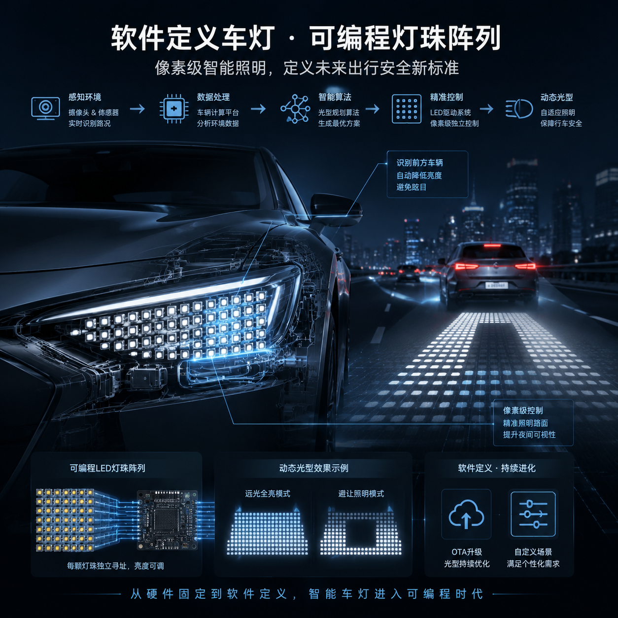 软件定义车灯可编程灯珠阵列整体工作场景:智能汽车夜间行驶城市道路,前大灯内部透明剖视呈现多个微型LED灯珠阵列矩阵,灯光区域像素级控制(部分高亮照明、部分自动降低亮度避让光区),摄像头识别车辆、计算平台分析数据、算法控制LED驱动输出动态光型,背景科技元素突出传统固定车灯向智能化模块转变,高端汽车工业设计横版构图