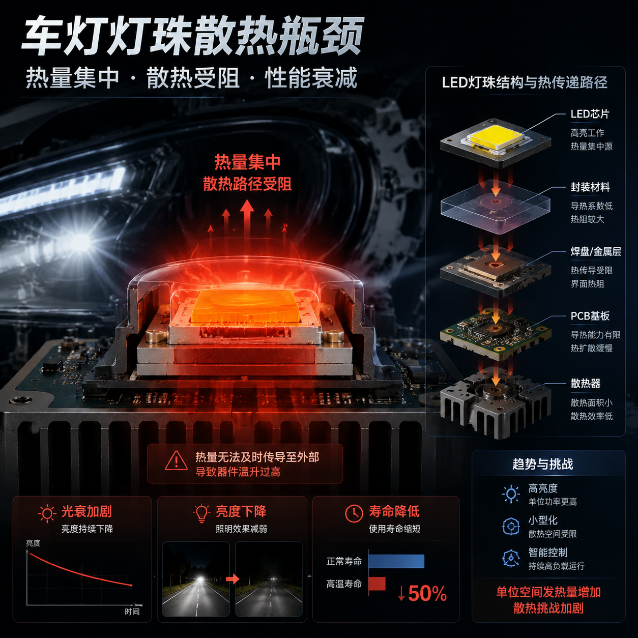 车灯灯珠散热瓶颈概念图:高亮工作LED灯珠芯片剖面,红色热量区域从芯片内部积聚,热流无法传递到散热结构,背景为汽车前照灯内部结构,突出高温导致光衰、亮度下降和寿命缩短的技术主题