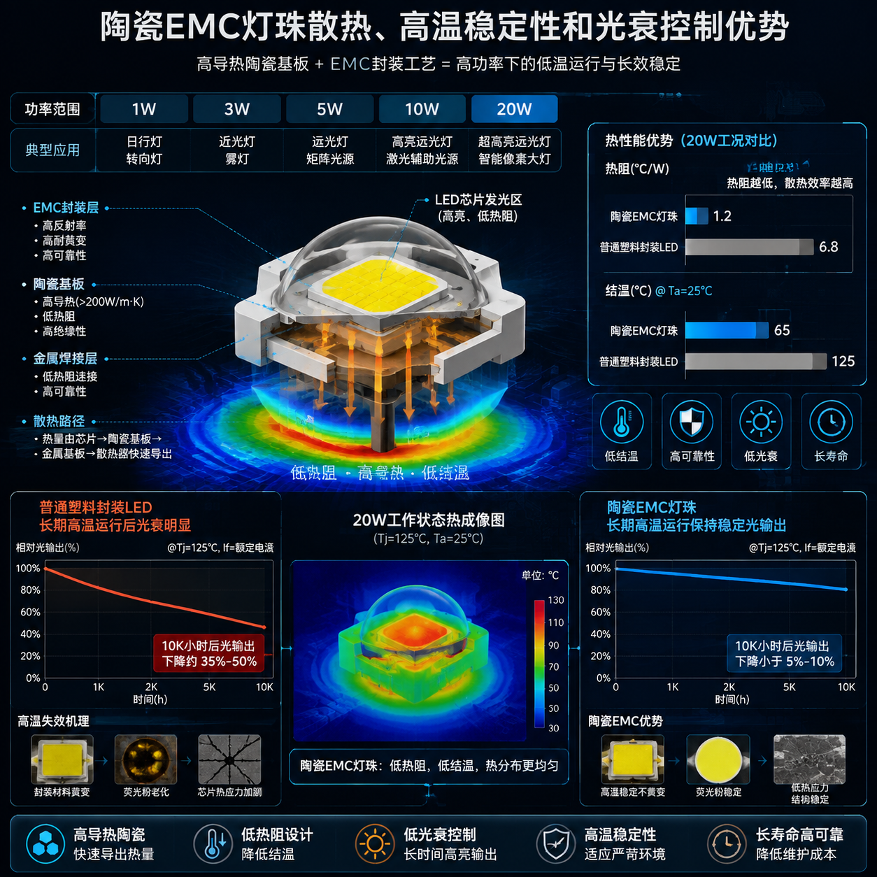 陶瓷EMC灯珠散热性能对比示意图