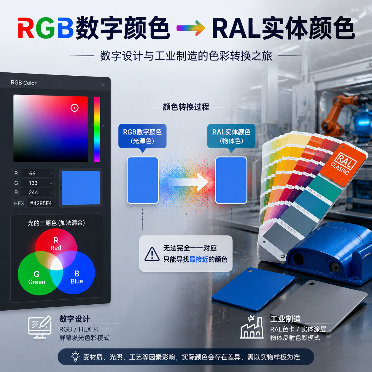 RGB数字颜色与RAL实体颜色转换概念图,展示从设计到制造的颜色匹配过程