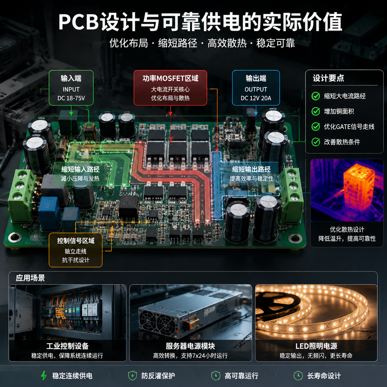 LM5050应用PCB布局设计示例,展示大电流路径优化、GATE信号走线、滤波设计和散热考虑,体现工业电源控制、服务器及LED照明等应用场景下的可靠性。