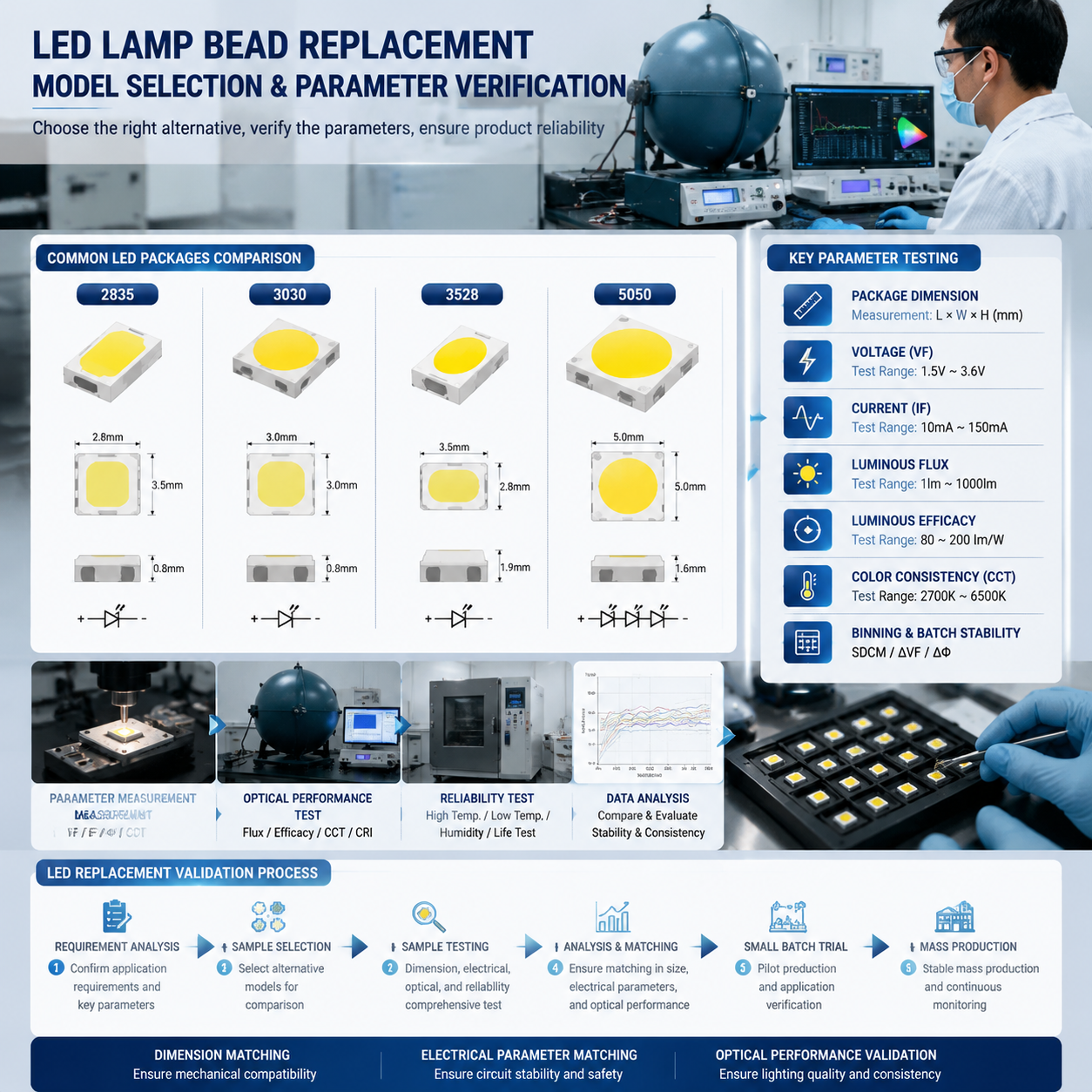 LED灯珠替代型号选择和参数验证展开。横版构图，中心为放大的SMD LED灯珠结构拆解示意，包括2835、3030、3528、5050四种常见封装尺寸的对比展示，旁边排列参数检测模块，包含封装尺寸、电压、电流、亮度、光效、色温一致性、批次稳定性等检测项目；背景为实验室测试环境，工程师使用光电测试设备进行样品验证。画面下方展示LED灯珠从样品测试到量产验证的流程箭头，突出“尺寸匹配、电参数匹配、光学性能验证”的核心逻辑，内容取材于替代LED灯珠型号选择章节，不包含品牌文字
