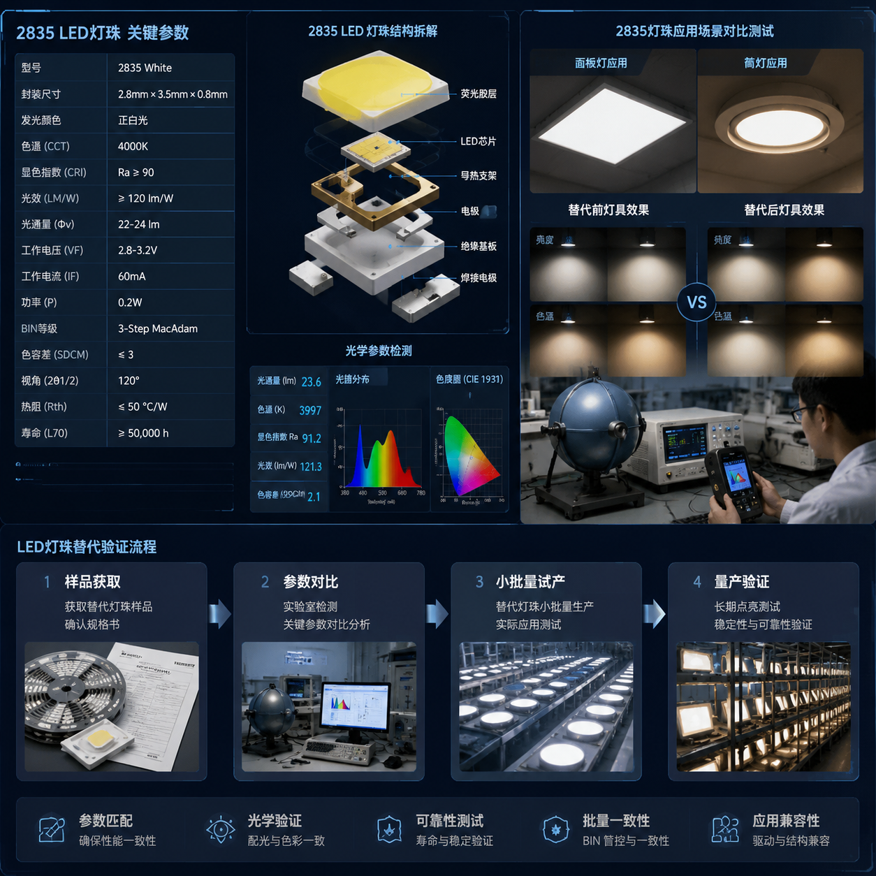 横版构图，展示LED灯珠替代验证的技术流程与实际应用。画面中心为放大的SMD LED灯珠结构拆解示意，周围环绕参数检测界面，清晰体现灯珠型号、封装尺寸、色温、显色指数、光效、工作电压、功率、BIN等级、色容差等关键参数。右侧展示2835灯珠应用在面板灯、筒灯中的实际场景，两组灯具进行亮度、色温一致性对比测试，工程师使用检测设备记录光电参数。画面融合实验室检测、产品实拍和流程图元素，突出“样品获取→参数对比→小批量试产→量产验证”的替代流程。 -- English: LED package structure analysis, optical parameter testing, sample validation process, laboratory and lighting application scene, horizontal layout.