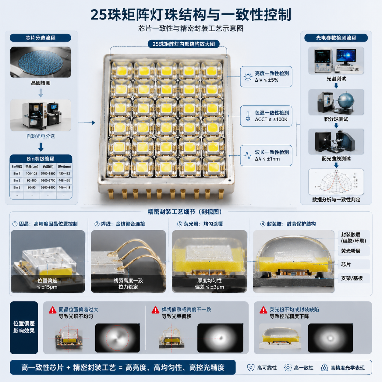 横版技术原理示意图,重点表现矩阵灯珠芯片一致性与精密封装难点。画面中央展示一颗25珠矩阵灯内部结构放大图,25个LED芯片规则排列,每颗芯片标注亮度、色温、波长一致性检测区域;旁边展示芯片分选、Bin等级管理、光电参数检测的流程节点。下方呈现封装工艺细节,包括固晶位置、焊线连接、荧光粉均匀覆盖以及封装胶层结构,通过剖视方式体现微小位置偏差可能导致光斑不均、光束偏移和控光精度下降。整体采用专业LED实验室分析图风格,结合微距工业摄影质感和工程制图元素,横向构图,突出精密制造细节。English note: 25 LED matrix package structure, chip consistency control and precision encapsulation diagram.