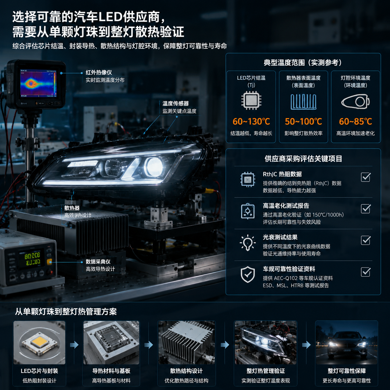 汽车LED供应商选择与整灯散热验证实景图,横版实验室风格展示前照灯模组、散热器及温度监测设备,搭配结温60-130℃等数据面板与采购评估项目