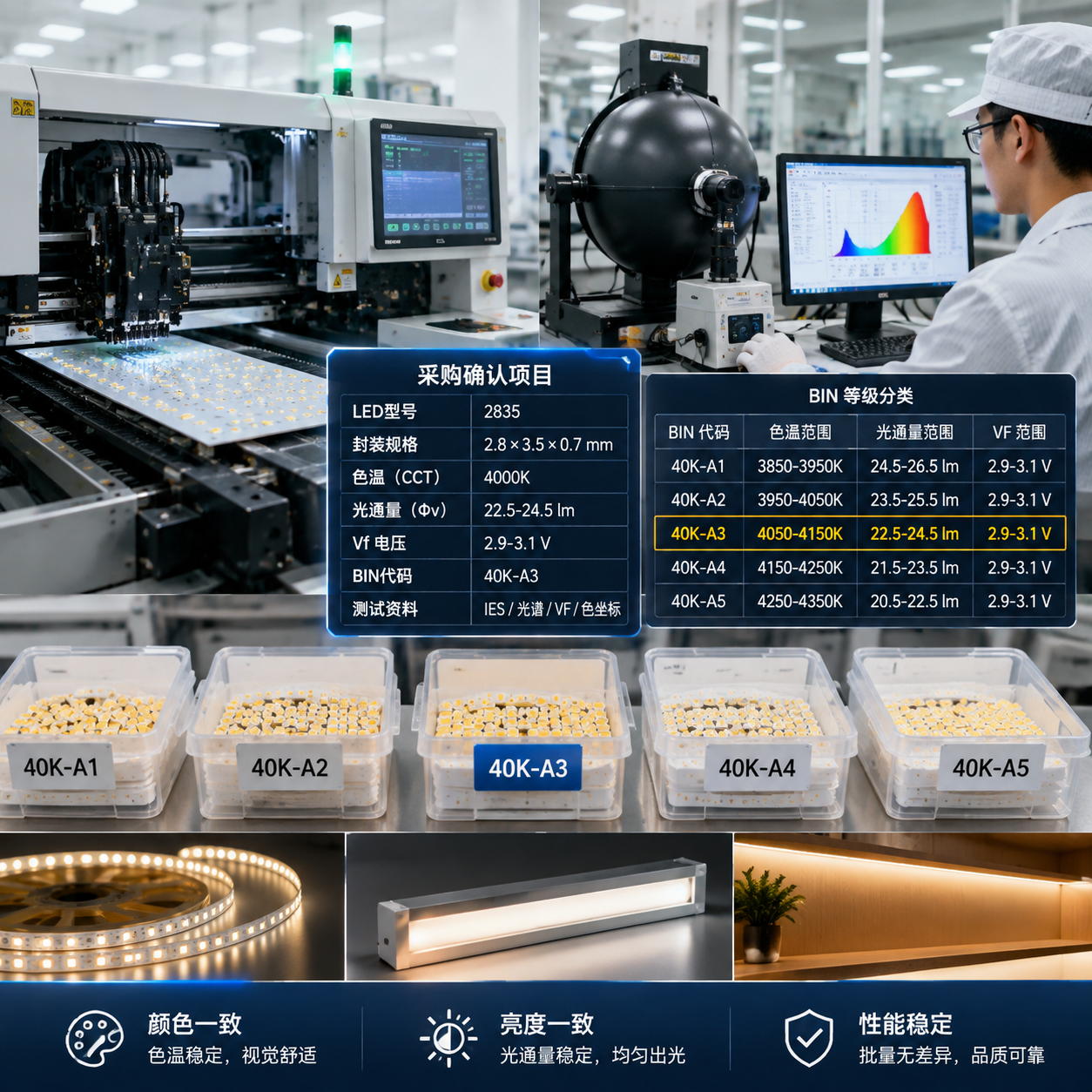 LED生产线质量控制与参数检测现场，展示如何通过BIN管理避免采购不一致问题