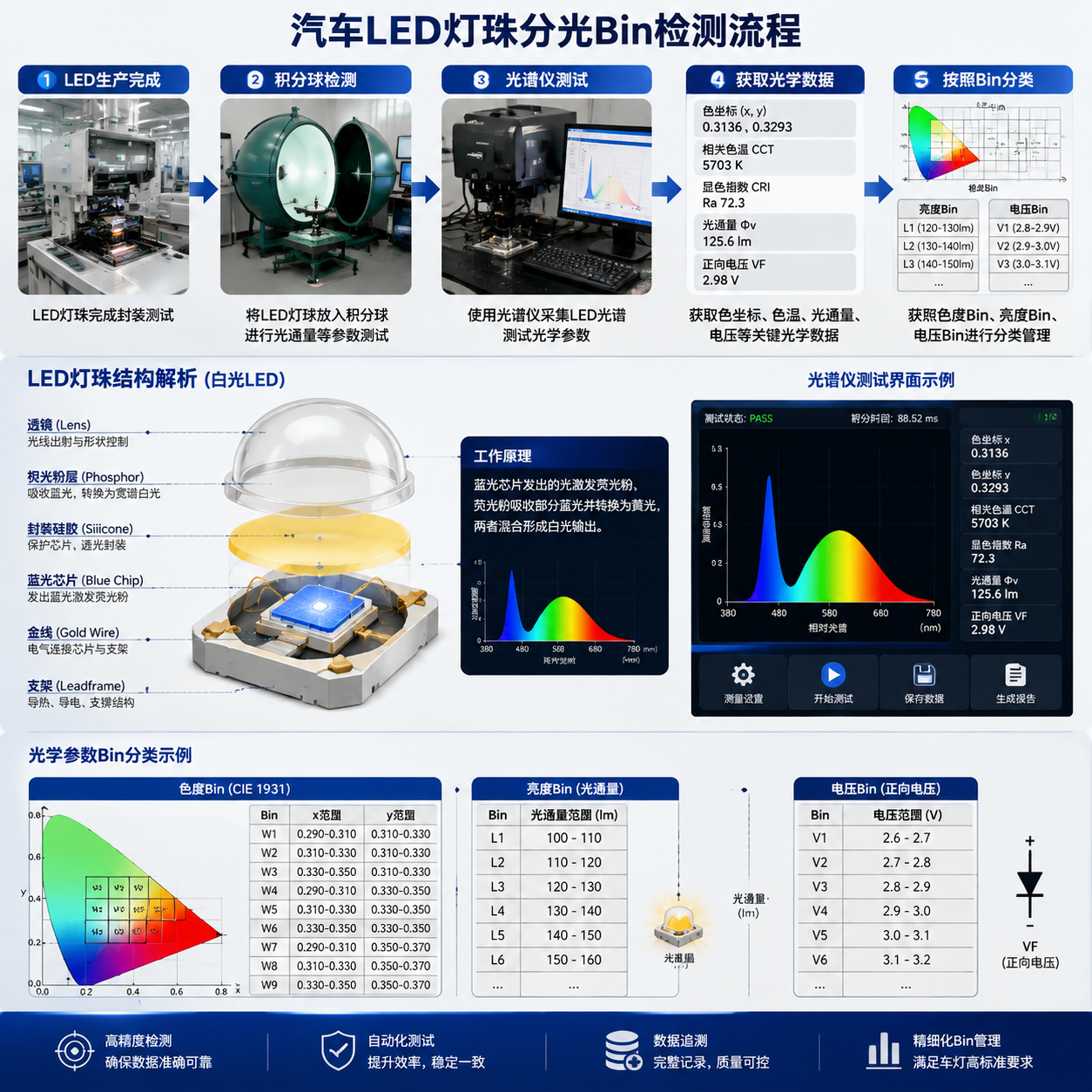 横版原理示意图，聚焦汽车LED灯珠分光Bin检测流程。画面中心展示一颗白光LED灯珠结构拆解，包括蓝光芯片、荧光粉层、封装硅胶、透镜等组成部分，旁边通过流程箭头连接“LED生产完成→积分球检测→光谱仪测试→获取色坐标、色温、光通量数据→按照色度Bin、亮度Bin、电压Bin分类”。画面中加入检测设备场景，积分球内部放置LED样品，光谱仪显示光学测试曲线和参数界面，突出文章中提到的色坐标数据、色温信息、光通量数据以及高精度自动检测过程。采用工业设计剖面图结合实验室实拍质感，蓝白科技色调，横版构图，信息层级清晰，适合解释复杂技术原理。 English: LED package structure analysis, integrating sphere test, spectrometer measurement, optical binning process diagram.