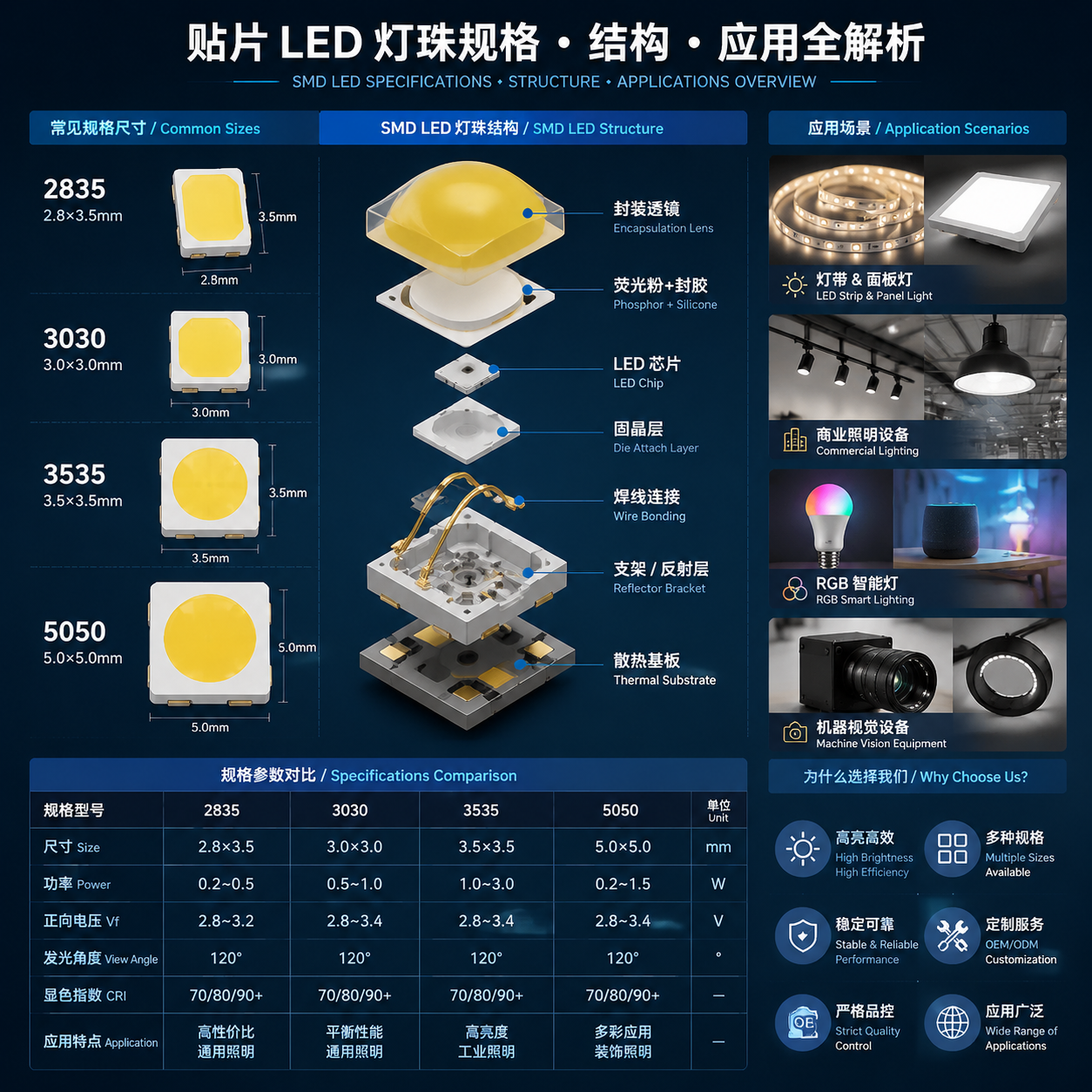 横版技术示意图，放置在文章中段介绍贴片 LED 灯珠规格、生产能力和应用场景的位置。画面中心为拆解式 SMD LED 灯珠结构展示，从上到下分层显示 LED 芯片、固晶层、焊线、封胶材料和散热基板结构；左侧排列不同规格样品，包括2835、3030、3535、5050四种贴片 LED 灯珠模型，并标注尺寸信息：2835（2.8×3.5mm）、3030（3.0×3.0mm）、3535（3.5×3.5mm）、5050（5.0×5.0mm）；右侧展示实际应用场景缩略图，包括灯带与面板灯、商业照明设备、RGB 智能灯、机器视觉设备。画面融合产品剖面图、参数信息卡和应用案例，突出不同规格 LED 灯珠对应不同应用需求，采用专业工业信息图风格，横版布局，高清细节。English note: SMD LED structure diagram, product specifications comparison, industrial infographic style.