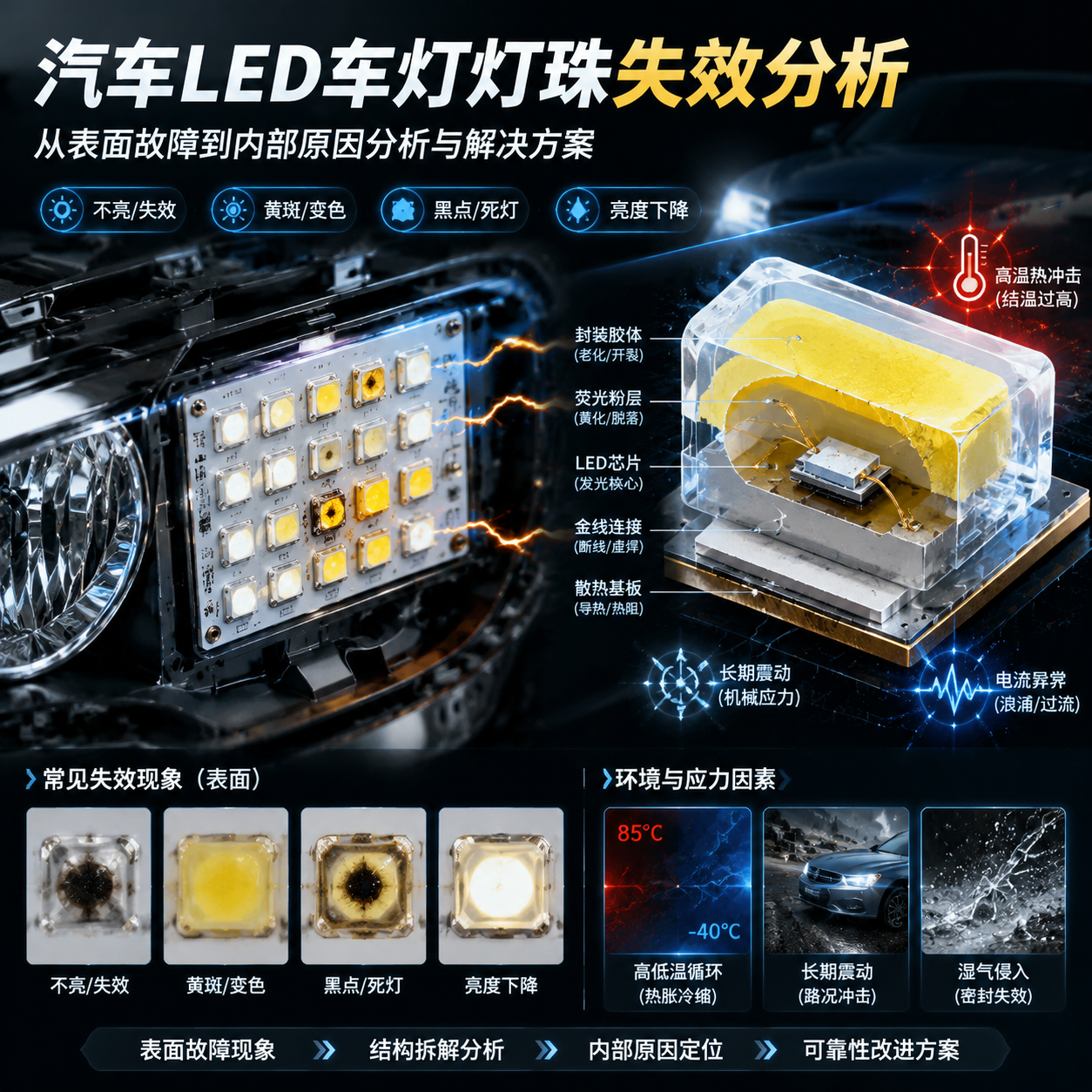 横版技术科普主视觉,展示汽车LED车灯灯珠失效分析主题场景。一侧为汽车前大灯内部拆解结构,清晰呈现多颗SMD LED灯珠排列,其中部分灯珠出现不亮、黄色光斑、黑点和亮度下降现象;另一侧通过半透明剖视效果展示LED灯珠内部结构,包括LED芯片、荧光粉、封装胶、金线连接和散热基板。画面中加入轻量化故障标识元素,如闪烁光效、温度异常区域、电流异常波纹,体现汽车长期震动、高低温变化环境下灯珠性能下降的问题。整体采用高清工业摄影结合3D结构解析风格,突出“从表面故障到内部原因分析”的视觉逻辑,适合作为文章开篇吸引读者。横版构图,适配公众号技术文章封面。English note: Automotive LED failure analysis concept, exploded headlight structure, LED chip and defect visualization, industrial 3D render style.