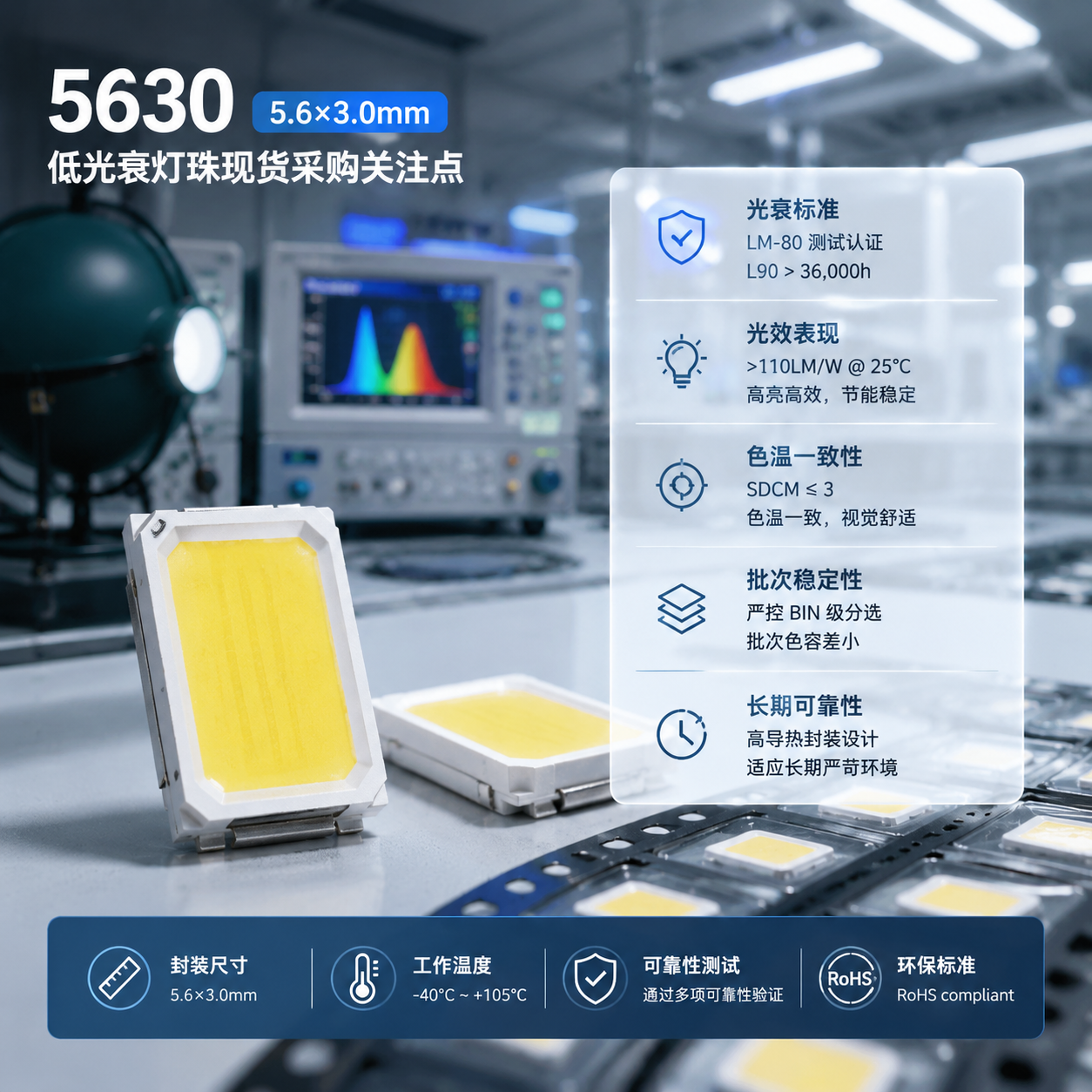 横版科技产品主题图，放置于文章开篇，用于展示5630低光衰灯珠现货采购关注点。画面主体为一组高亮SMD LED灯珠实物微距展示，突出5.6×3.0mm封装尺寸特点，旁边搭配半透明信息面板，展示“光衰标准、光效、色温一致性、批次稳定性、长期可靠性”等关键检测指标。背景为现代LED实验室环境，包含检测仪器、样品盘和柔和白光照明效果，体现LED长期稳定输出的技术感。整体采用真实产品摄影结合轻量科技信息图风格，横向构图，适合公众号文章首图位置。 English: High-tech LED component product photography with technical infographic elements, horizontal layout.
