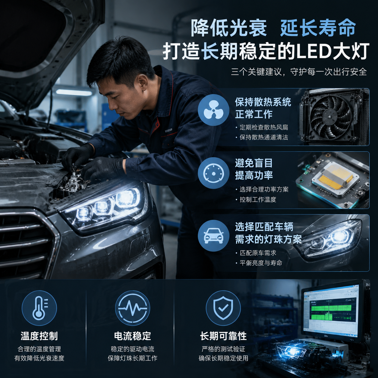 汽车LED大灯维护检查场景:技术人员检查灯体内部散热区域、散热风扇和安装状态,旁边展示稳定运行的LED灯珠模块,融合保持散热结构正常工作、避免盲目提高功率、选择匹配车辆需求的灯珠方案三个核心建议,真实工程维护摄影风格