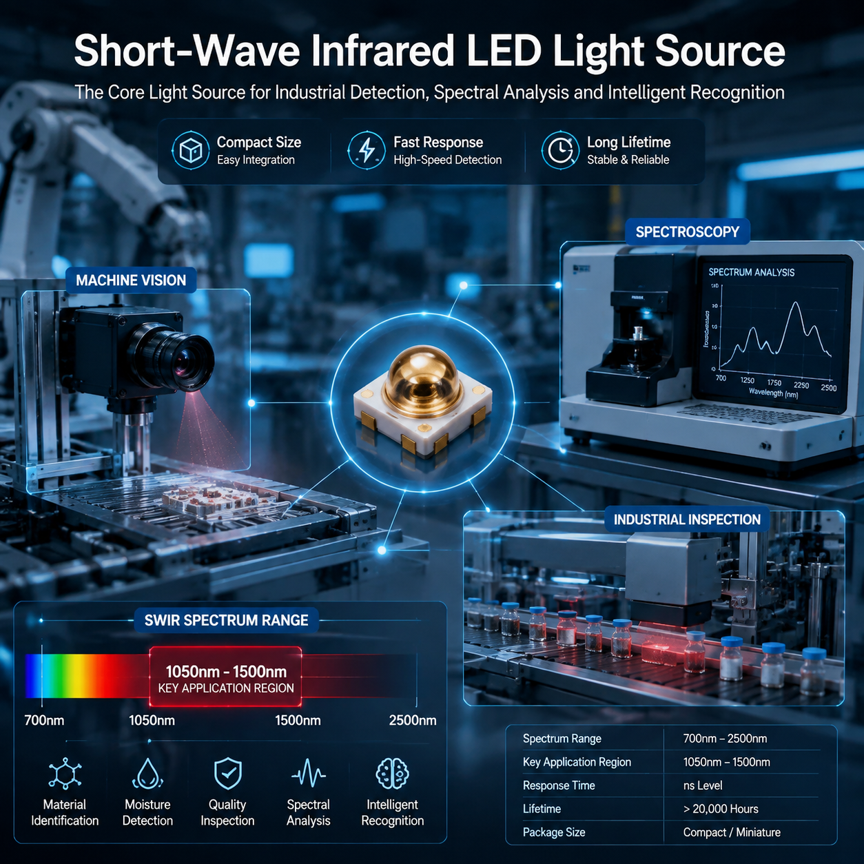 短波红外LED在工业检测、光谱分析和智能识别中的应用,显示其700nm-2500nm波段覆盖和体积小、响应快、寿命长的特点。