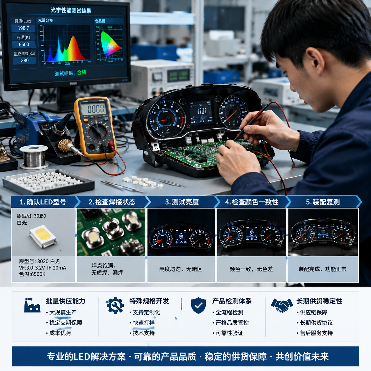 汽车仪表背光灯珠检测与维修品质控制实景图,技术人员在工作台上检测万用表、电烙铁、精密镊子、防静电工具,验证更换后的亮度、颜色一致性与焊接状态,展示可靠制造与批量供应能力