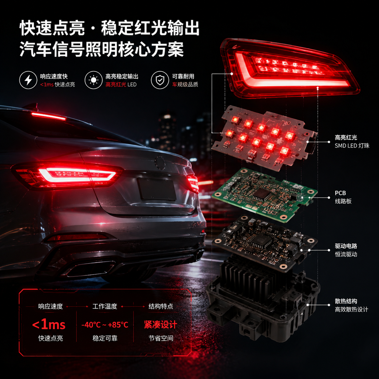 横版汽车照明技术主题开篇图，展示现代汽车尾部夜间刹车灯点亮瞬间，红色高亮尾灯快速响应，半透明拆解视角呈现刹车尾灯 SMD 贴片灯珠模组内部结构，包括多颗红光SMD LED灯珠、PCB线路板、驱动电路和散热结构分层排列，突出快速点亮、稳定红光输出、汽车信号照明的核心概念，加入科技感线框标注，真实产品摄影结合工业设计渲染风格，横向构图