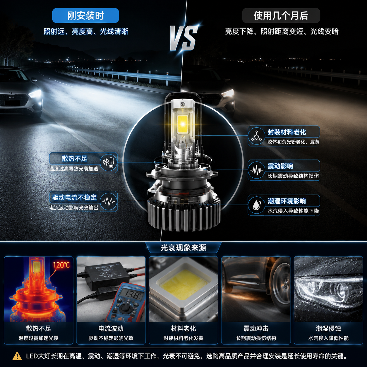 横版汽车维修技术场景，展示一辆改装LED大灯车辆在夜间道路上的实际照明效果，画面左侧为刚安装时明亮清晰的车灯光束，右侧为使用几个月后亮度下降、照射距离缩短的车灯对比效果，中间加入放大的LED灯珠剖面示意，标注光衰现象来源包括散热不足、驱动电流不稳定、封装材料老化、震动和潮湿环境影响。整体采用专业汽车照明检测风格，真实摄影结合科技信息图设计，突出“LED大灯长期使用后越来越暗”的核心问题，横向构图适合公众号首图展示。