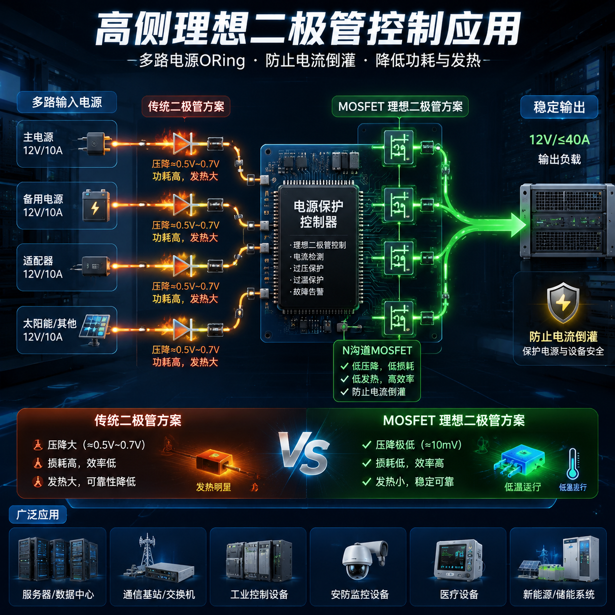LM5050高侧理想二极管控制器应用场景示意图,对比传统二极管方案,展示多路电源ORing、防反灌及低损耗的优势,背景为服务器、电信和工业控制设备。