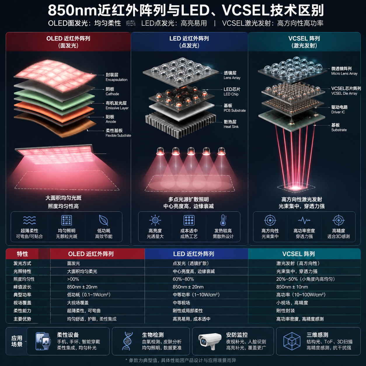 OLED、LED和VCSEL近红外阵列技术对比示意图,展示了三种技术在发光方式、光照均匀性、功率能力及常见应用上的区别。