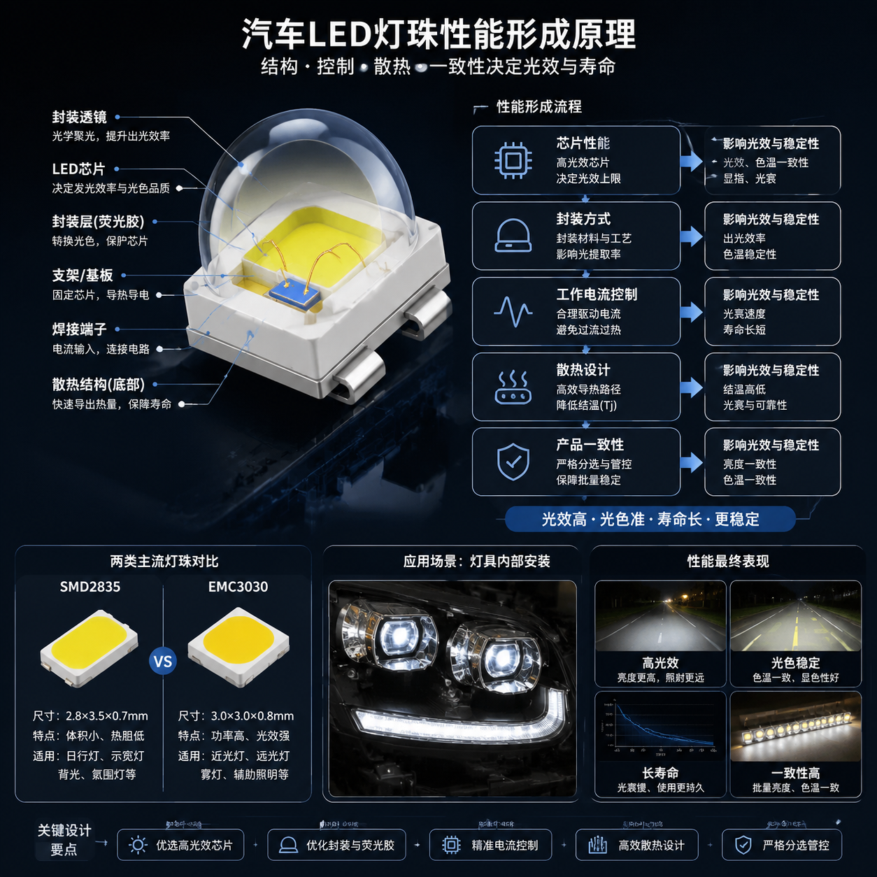 汽车LED灯珠性能形成原理结构示意图:中心LED灯珠剖面放大图展示芯片、封装层、支架、散热结构,流程箭头呈现芯片性能、封装方式、工作电流控制、散热设计、产品一致性对光效和稳定性的影响,旁边SMD2835、EMC3030微型样品对比及汽车灯具内部安装应用场景,产品实拍风格,细节清晰