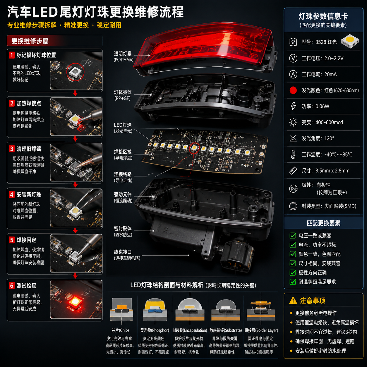 横版技术拆解示意图,展示汽车LED尾灯灯珠更换维修流程。画面中央为拆开的LED尾灯结构剖面,包括透明灯罩、内部电路板、排列整齐的LED灯珠、焊接区域和连接线路。重点表现维修步骤:标记损坏灯珠位置、使用电烙铁加热焊接点、清理旧焊锡、安装匹配的新灯珠,并在旁边以参数信息卡形式展示灯珠型号、工作电压、发光颜色、功率参数、安装尺寸等匹配要素。整体采用高清工业产品拆解插画风格,结构清晰,适合解释灯珠芯片、导电结构、封装材料和散热结构对长期稳定性的影响