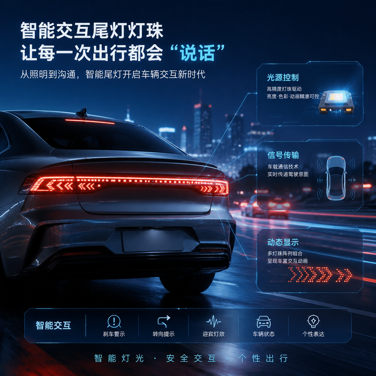 一辆现代化汽车的智能交互尾灯在夜间动态点亮,背景展示光源控制、信号传输和动态显示模块,体现智能尾灯的科技感与交互功能。