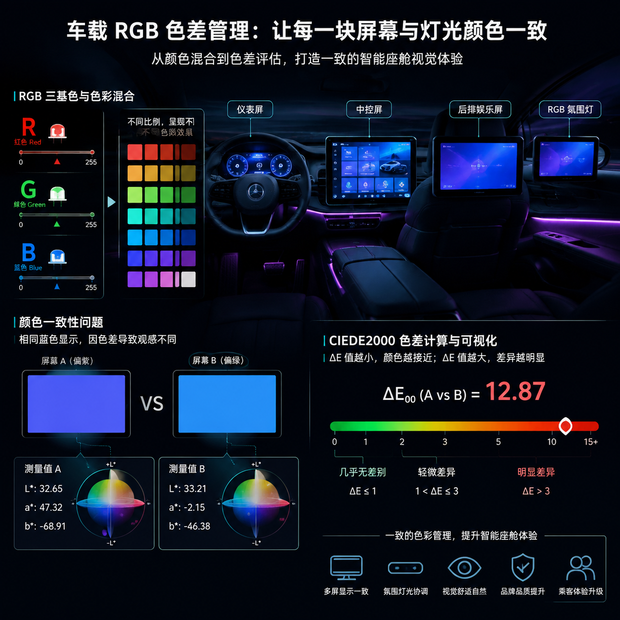 横版科技感示意图,展现智能座舱内仪表屏、中控屏、后排娱乐屏以及 RGB 氛围灯同时工作的场景。画面左侧显示三种 RGB 基础颜色红、绿、蓝通过比例调节形成不同显示效果,右侧展示同一车辆两块屏幕播放相同蓝色但出现一块偏紫、一块偏绿的颜色不一致现象,并叠加 CIE Lab 色彩空间坐标和 ΔE 色差数值测量界面,突出“颜色越接近 ΔE 越小,差异明显 ΔE 越大”的概念。整体采用汽车智能座舱实景结合数据可视化风格,深色内饰环境,屏幕发光效果明显,突出车载 RGB 色差管理主题。横版构图,适合公众号文章开篇视觉引导。English note: automotive cockpit RGB color difference visualization, CIEDE2000 concept, horizontal layout.