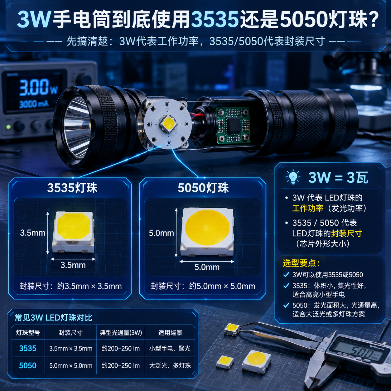 手电筒3W灯珠是3535型还是5050型?图片对比两种灯珠尺寸与功率的区别