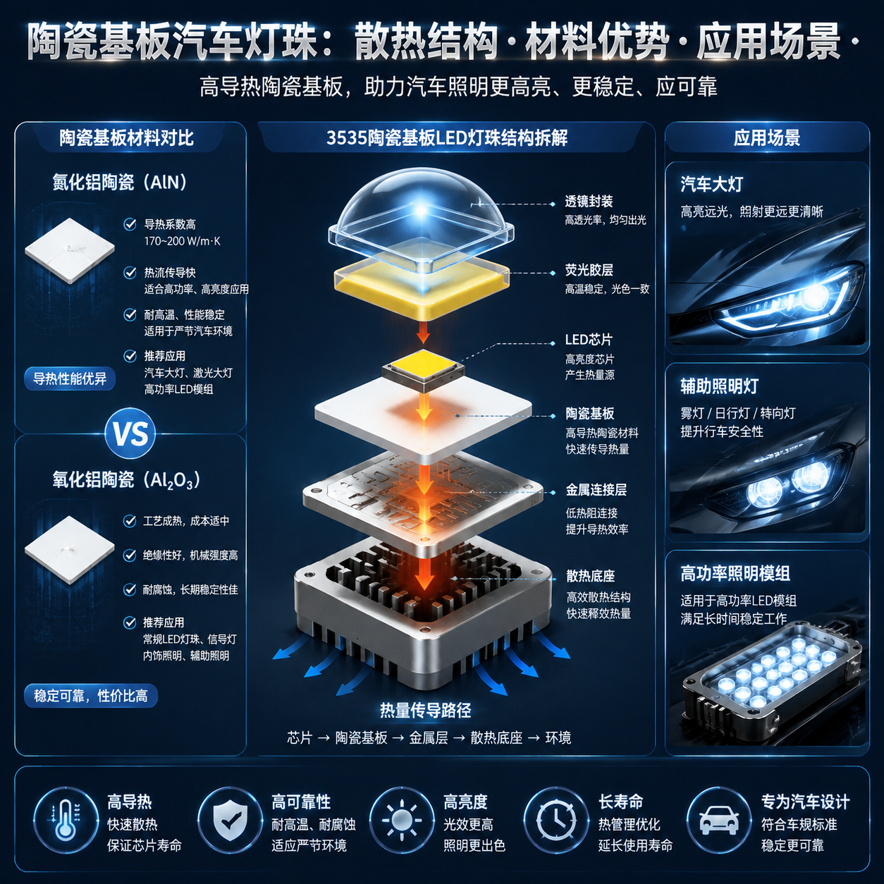 陶瓷基板LED灯珠结构、材料对比及汽车应用信息图,包括3535型号剖面、AlN与Al₂O₃陶瓷特性及应用场景