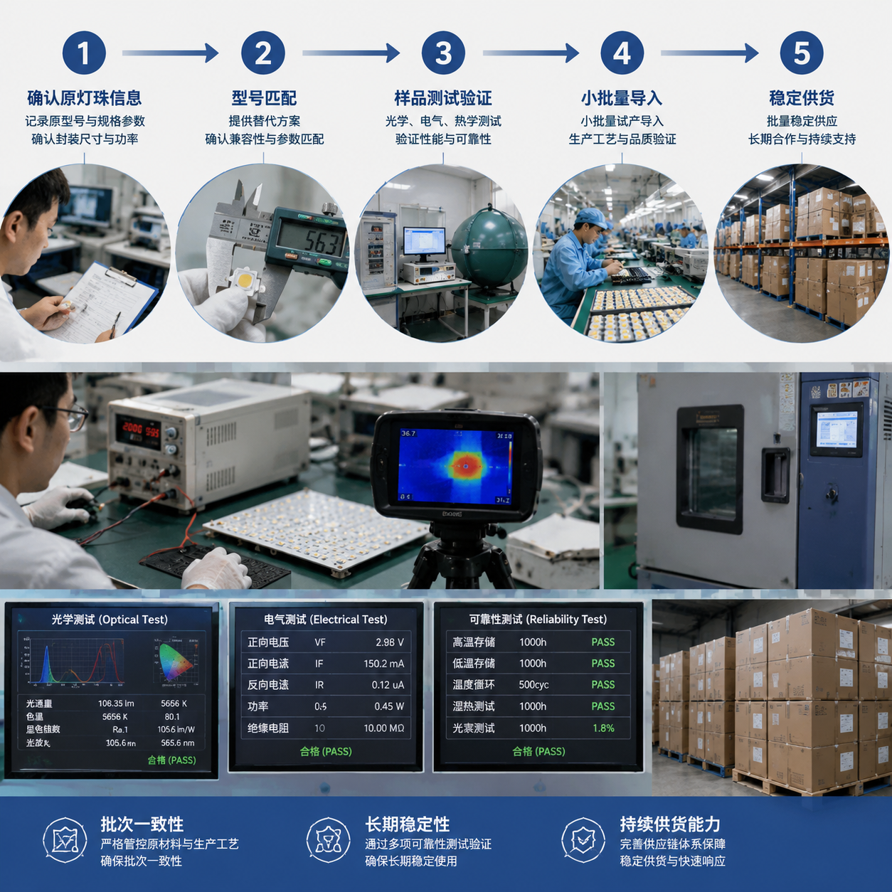 横版LED灯珠替代项目从确认原灯珠信息到量产的完整流程路线示意图,五个步骤(确认原灯珠信息-型号匹配-样品测试验证-小批量导入-稳定供货),每节点搭配工程师记录测量、亮度温升测试、小批量生产检测、仓储供应准备,以及测试结果屏幕,体现批次一致性长期稳定性和持续供货能力
