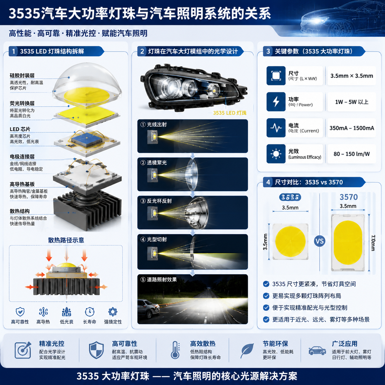 3535灯珠内部结构、散热路径与多封装型号参数对比图