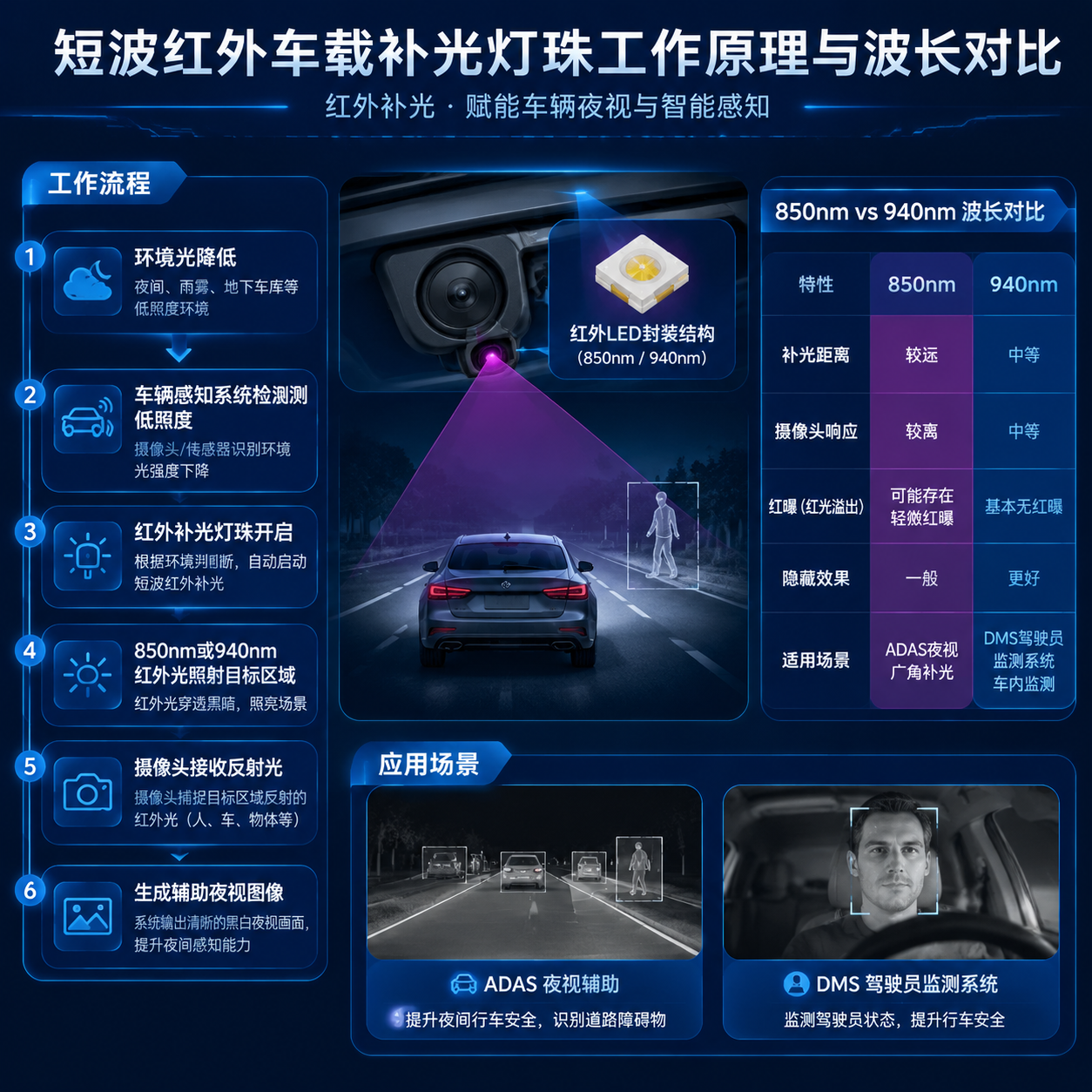 短波红外车载补光灯珠工作流程和850nm/940nm波长对比信息图:左侧流程箭头展示环境光降低→感知检测低照度→补光灯珠开启→红外光照射目标→摄像头接收反射→生成夜视图像,右侧清晰对比850nm补光距离远、摄像头响应高、可能有轻微红曝 vs 940nm无红曝隐藏效果好适合DMS,加入汽车摄像头模组和LED封装结构小图标,专业汽车电子技术白皮书风格横版