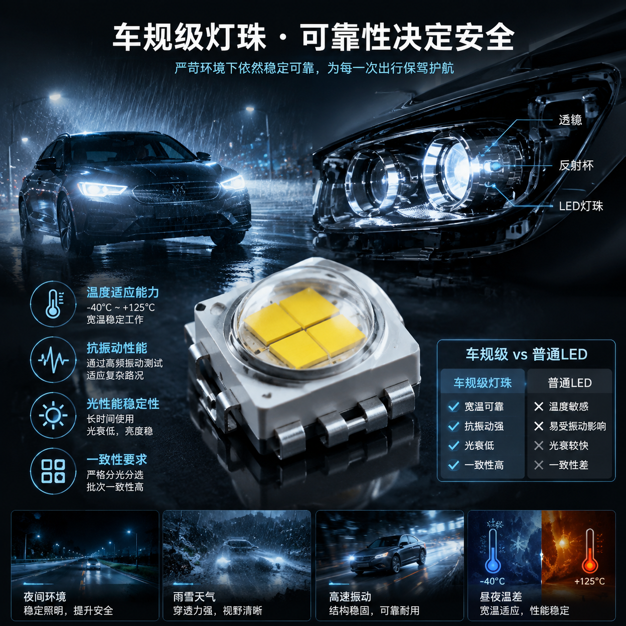 车规级LED灯珠与汽车照明系统关联,展示在复杂环境下的温度适应、抗振动、光稳定性及一致性要求。