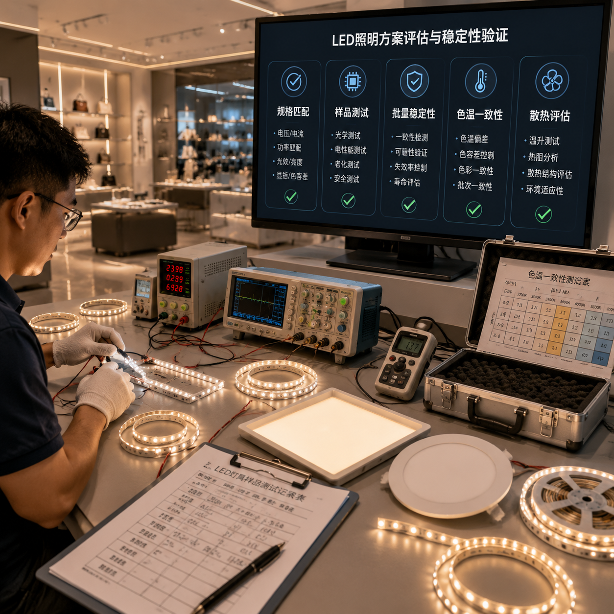 横版构图放置在文章结尾前用于总结采购与应用判断要点：画面展示LED照明产品测试场景，工程人员进行灯板样品测试，桌面摆放灯带、面板灯样品、测试仪器和参数记录文件，显示屏/数据板呈现“规格匹配、样品测试、批量稳定性、色温一致性、散热评估”等关键检查项目，背景呈现商业空间实际安装效果如均匀发光的灯带和展示柜照明，强调从单颗灯珠选择到终端照明产品落地的完整过程，真实工业摄影风格