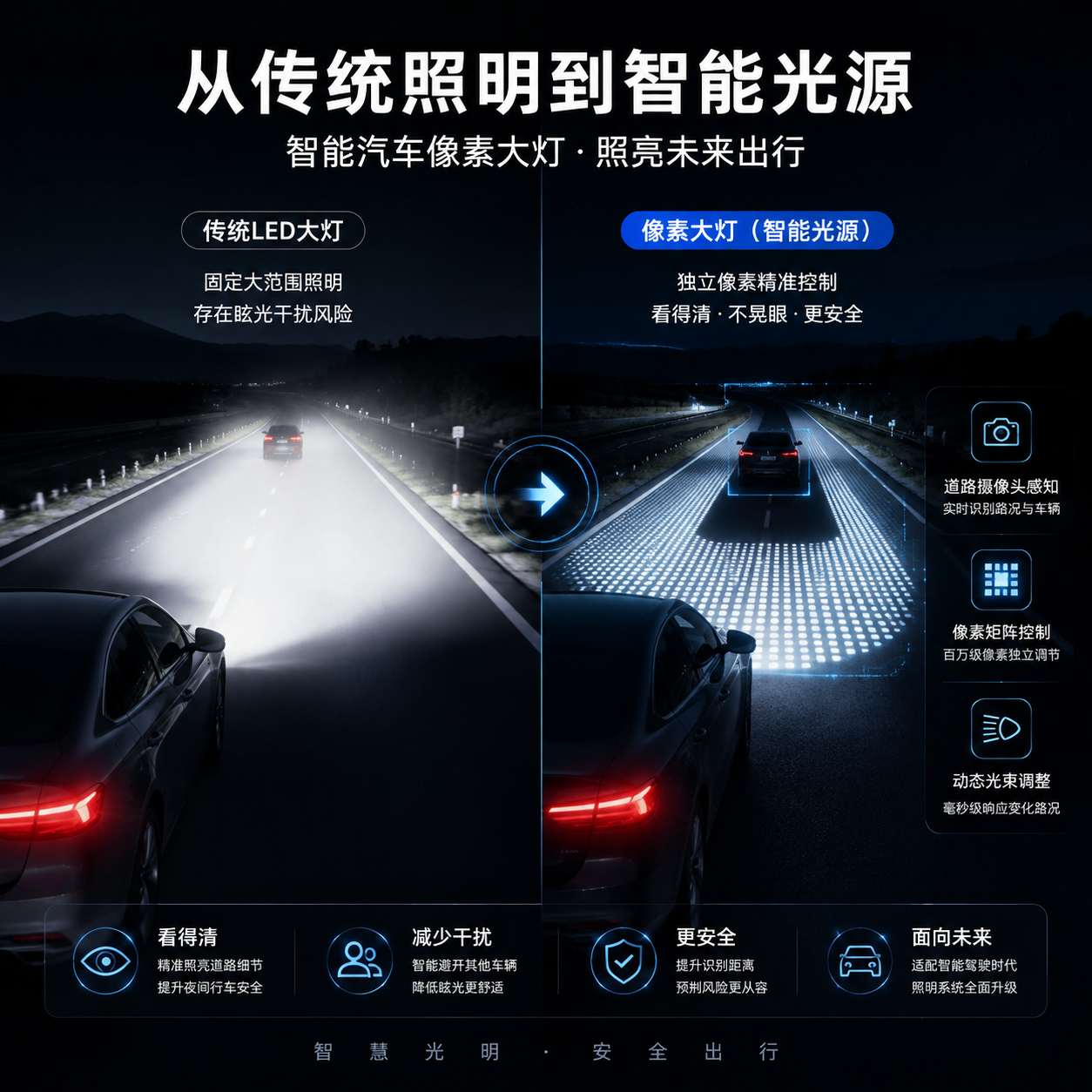 横版构图,展示智能汽车像素大灯从传统照明向智能光源转变的开篇主题。画面左侧是一辆夜间行驶的汽车,传统LED大灯呈现大范围固定光束;画面右侧展示像素大灯工作状态,大量独立控制的LED光源单元形成细密像素矩阵,精准避开前方车辆区域,同时照亮道路其他位置。加入道路摄像头感知、动态光束调整的科技感视觉元素,突出“看得清”和“减少光线干扰”的理念,体现新能源汽车与智能驾驶时代的照明升级。整体采用真实汽车摄影结合科技信息图风格,深色夜景背景,光束清晰,适合公众号横幅展示。English note: intelligent pixel headlight transition concept, night driving scene, automotive lighting technology.