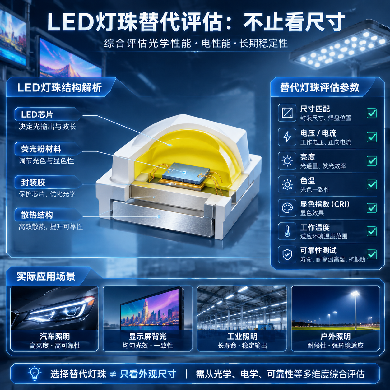 横版结构示意图风格，围绕替代灯珠评估中的核心技术参数展开。画面中央为一颗拆解展示的LED灯珠剖面模型，依次标注内部结构：LED芯片、荧光粉材料、封装胶、散热结构，旁边展示参数对比面板，包含尺寸匹配、电压电流、亮度、色温、显色指数、工作温度、可靠性测试等检查项目。背景结合工业显示模块和LED照明产品实物应用场景，突出替代灯珠不能只看外观尺寸，需要综合评估光学性能、电性能和长期稳定性。采用高精度3D工业设计效果，清晰标注，横版科技插画构图。English: LED component cross section infographic, chip phosphor package thermal structure analysis, technical parameter comparison, 3D industrial illustration.