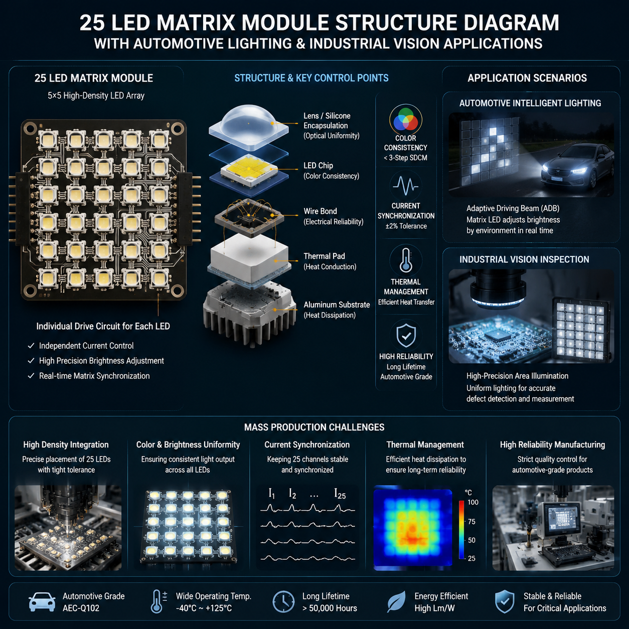25 LED matrix module structure diagram with automotive lighting and industrial vision applications, technical infographic style showing 5x5 LED array, internal chip encapsulation, heat transfer paths, and application scenarios