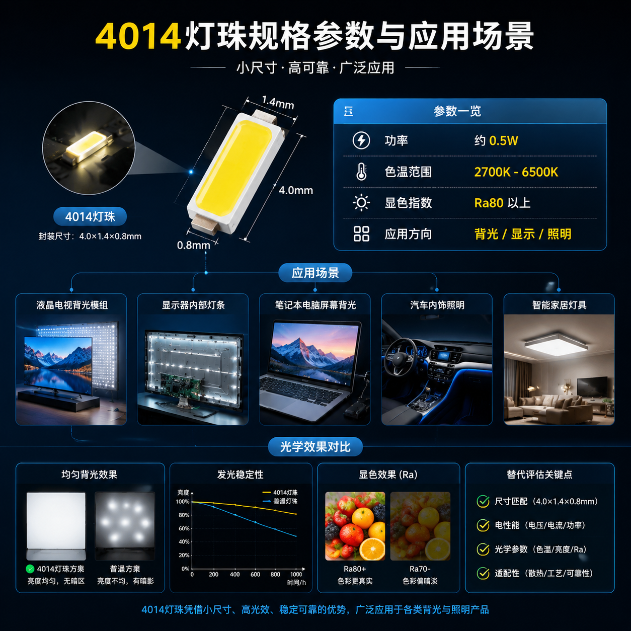 横版技术示意图风格，展示4014灯珠规格参数与实际应用场景之间的关系。画面中央为一颗标准4014 LED灯珠尺寸标注示意，突出4.0×1.4mm封装尺寸，旁边以参数卡片形式展示：功率约0.5W、色温范围2700K-6500K、显色指数Ra80以上、应用方向为背光、显示、照明。下方连接多个实际应用场景：液晶电视背光模组、显示器内部灯条、笔记本电脑屏幕背光、汽车内饰照明和智能家居灯具，表现灯珠在不同产品中的应用。画面加入光学效果对比，例如均匀背光区域、稳定发光效果，体现替代评估需要关注尺寸、电性能、光学参数和适配性的技术逻辑。整体风格为专业LED行业信息图结合产品实拍质感，横向排版，清晰易读。English note: LED specification infographic, backlight application scenes, technical parameter visualization, horizontal composition.
