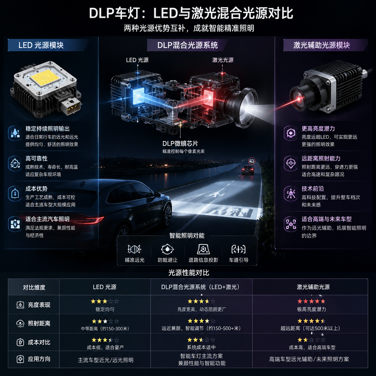 横版技术对比信息图,DLP车灯LED与激光混合光源模块对比,左侧LED光源稳定持续输出,右侧激光光源高亮远距离能力,中间融合系统投射夜间道路智能照明效果,展示亮度表现、照射距离、成本、应用方向四个维度差异