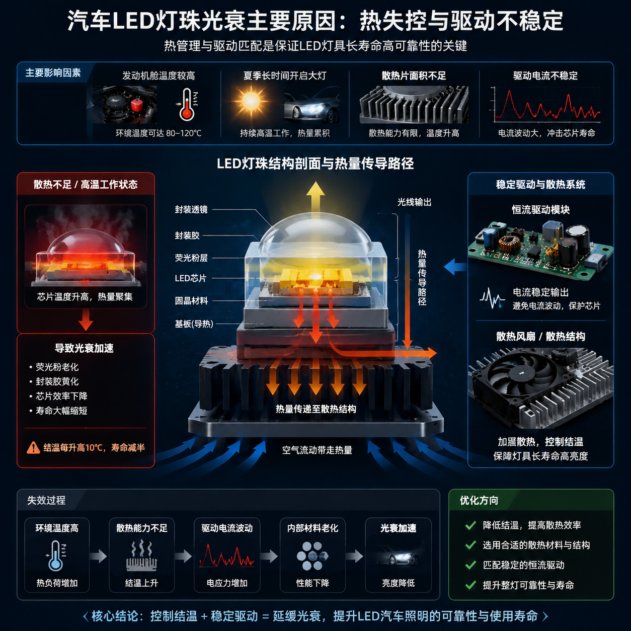 汽车大灯灯珠光衰快是什么原因(LED灯珠光衰原因解析)