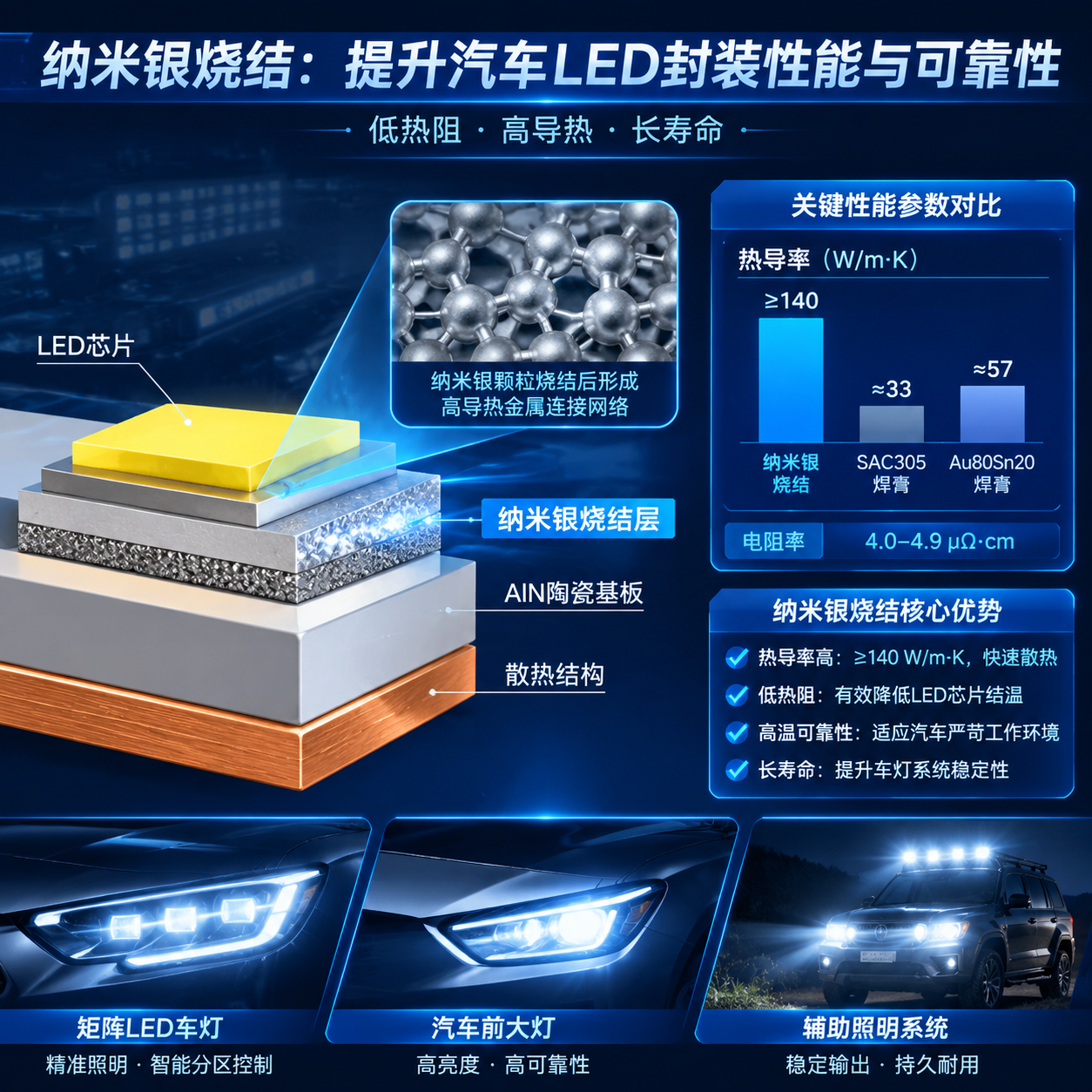 横版技术原理与数据可视化结合图，展示纳米银烧结在汽车LED封装中的性能优势。主体为LED芯片、基板和银烧结层的放大结构示意，在中央突出纳米银颗粒形成的金属连接网络。右侧设计参数对比信息图表，清晰呈现热导率数据：纳米银烧结140W/m·K以上、SAC305焊膏约33W/m·K、Au80Sn20焊膏约57W/m·K，同时展示电阻率4.0–4.9μΩ·cm等关键指标。背景融入矩阵LED车灯、汽车前大灯、高亮度辅助照明系统应用场景，通过箭头标注低热阻、高温可靠性的优势。整体风格为专业电子工程分析图，横版布局，适合文章中段解释技术原理与性能对比。