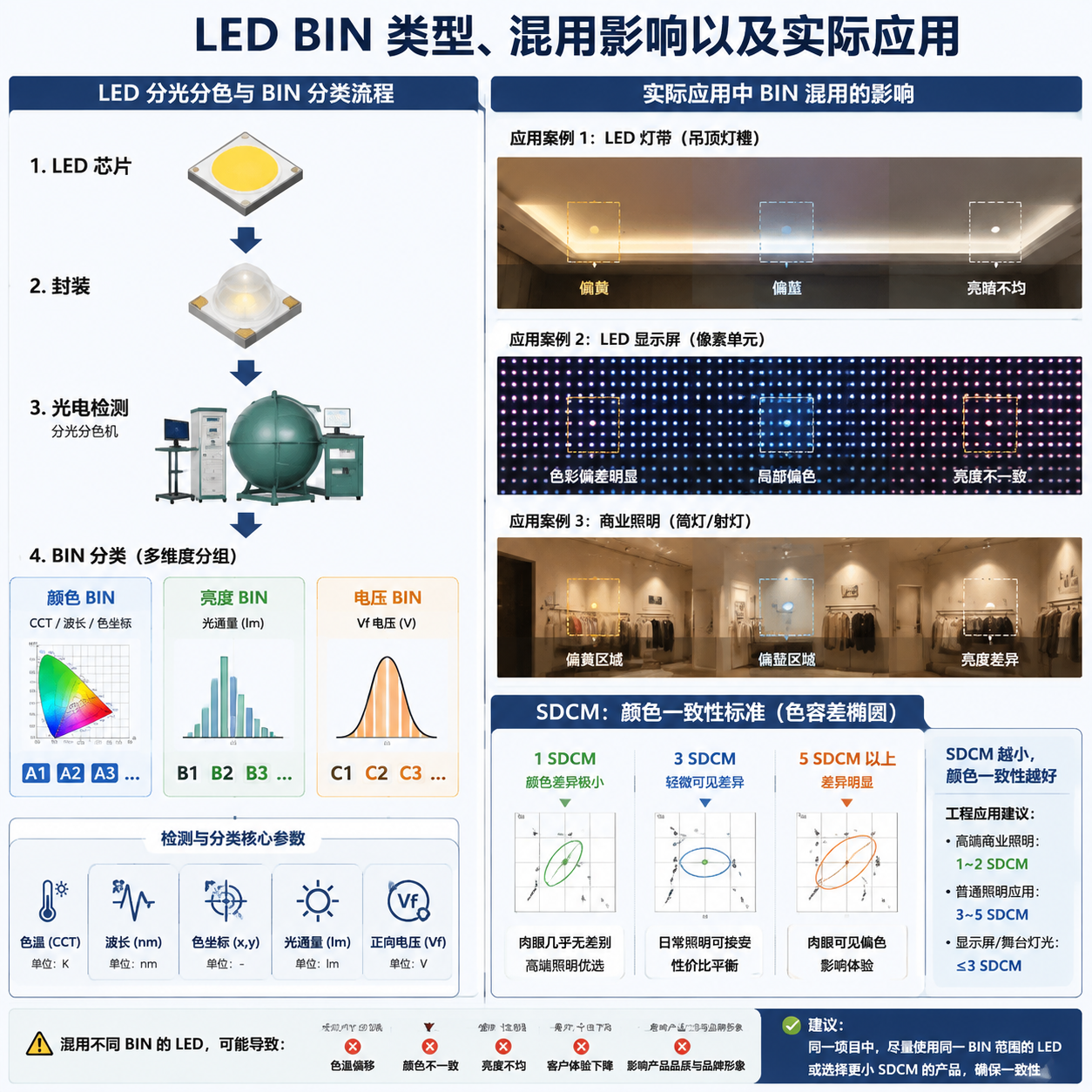 LED分BIN流程图及不同BIN混用对灯带、显示屏等应用场景的颜色和亮度影响示意图