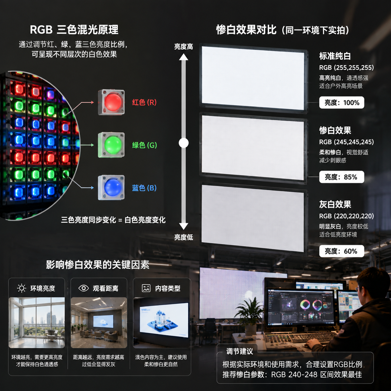 LED显示屏中惨白RGB效果对比图,展示不同RGB数值(如纯白、柔和惨白、灰白)下的亮度变化和LED灯珠原理