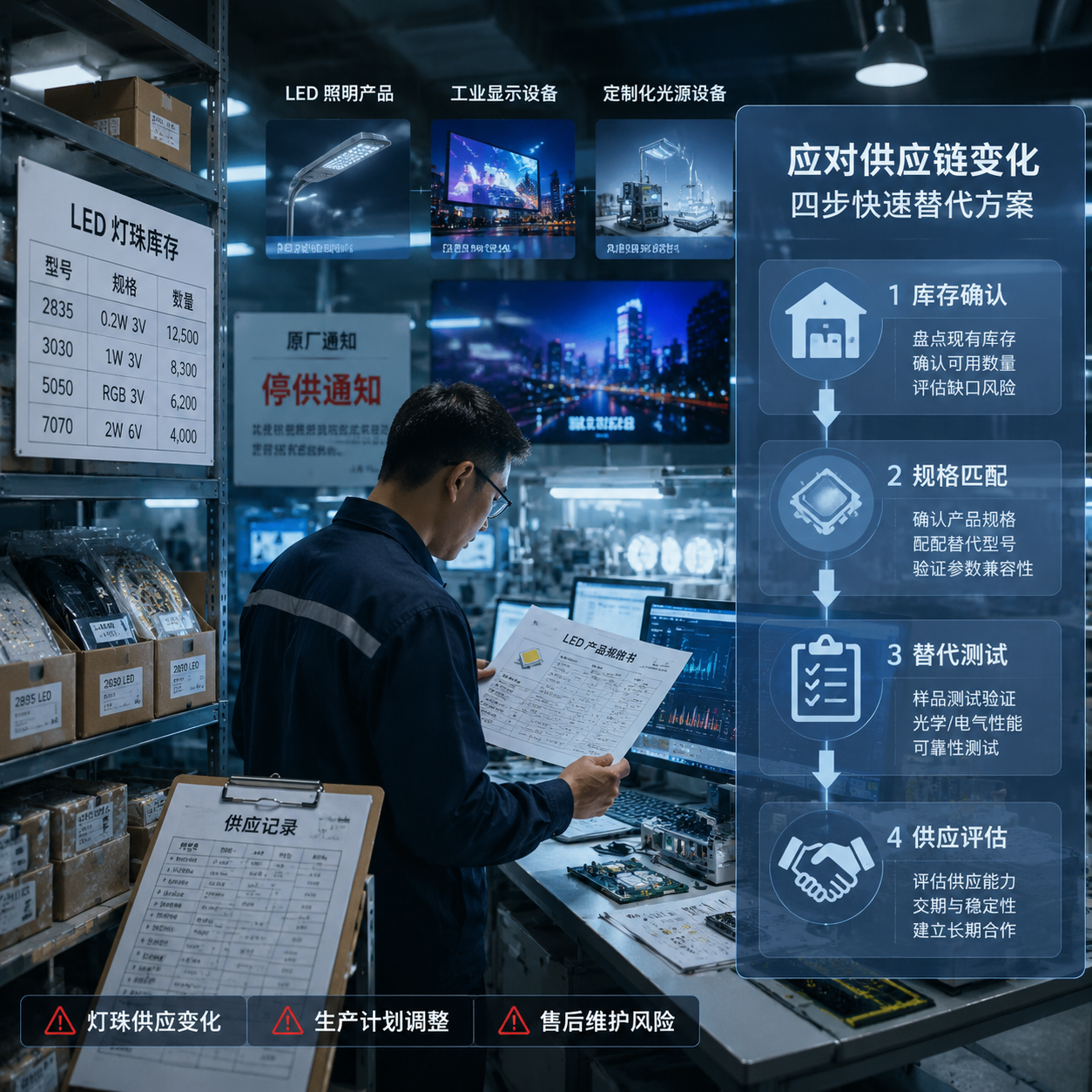 横版科技纪实风格，展示LED企业面对原厂灯珠停供后的供应链变化场景。画面左侧为仓储货架上的LED灯珠包装与库存清单，中间为工程师查看产品规格资料和供应记录，右侧通过半透明信息面板呈现“库存确认、规格匹配、替代测试、供应评估”四个步骤流程，背景包含LED照明产品、工业显示设备和定制化光源设备的缩影，体现企业需要应对灯珠供应变化、生产计划调整和售后维护风险的主题。整体采用真实工业环境拍摄质感，冷色科技光影，横向构图适合公众号文章开篇。English: industrial LED supply chain disruption scene, engineers reviewing components and replacement planning, realistic technology documentary style, wide composition.